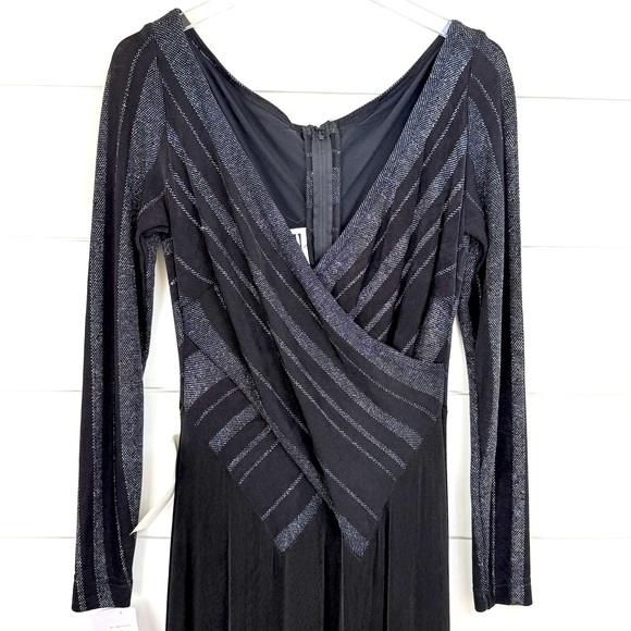 NEW VTG TADASHI Shoji Jersey Maxi Dress Evening Gown Metallic Silver Women Large - Picture 2 of 14